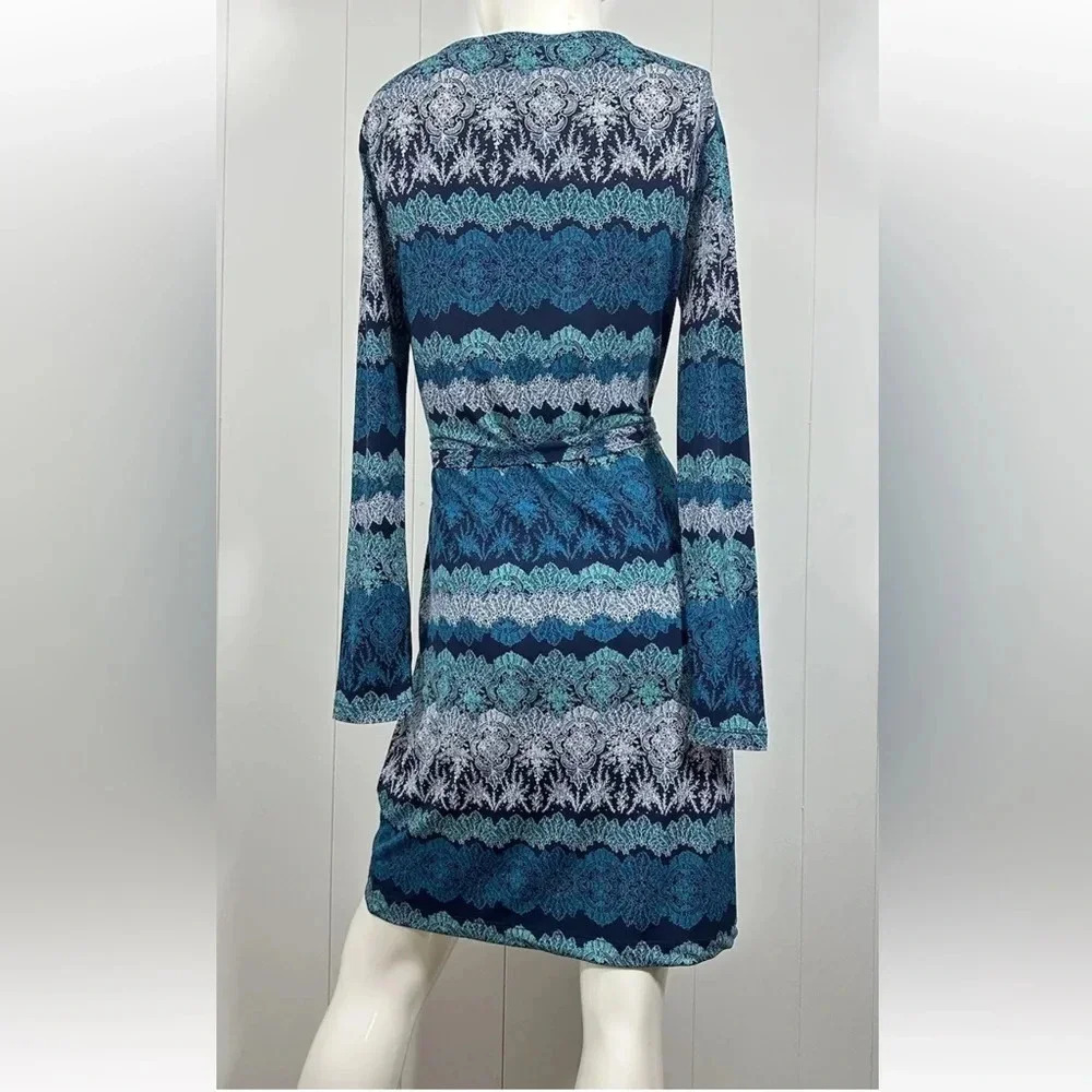 BANANA REPUBLIC Blue Black floral paisley Shift dress Waist Tie Long Sleeve Sz S - Picture 4 of 6